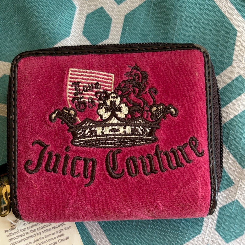 Juicy Couture Fuchsia Velvet Zip-Around Wallet with Embroidered Crest